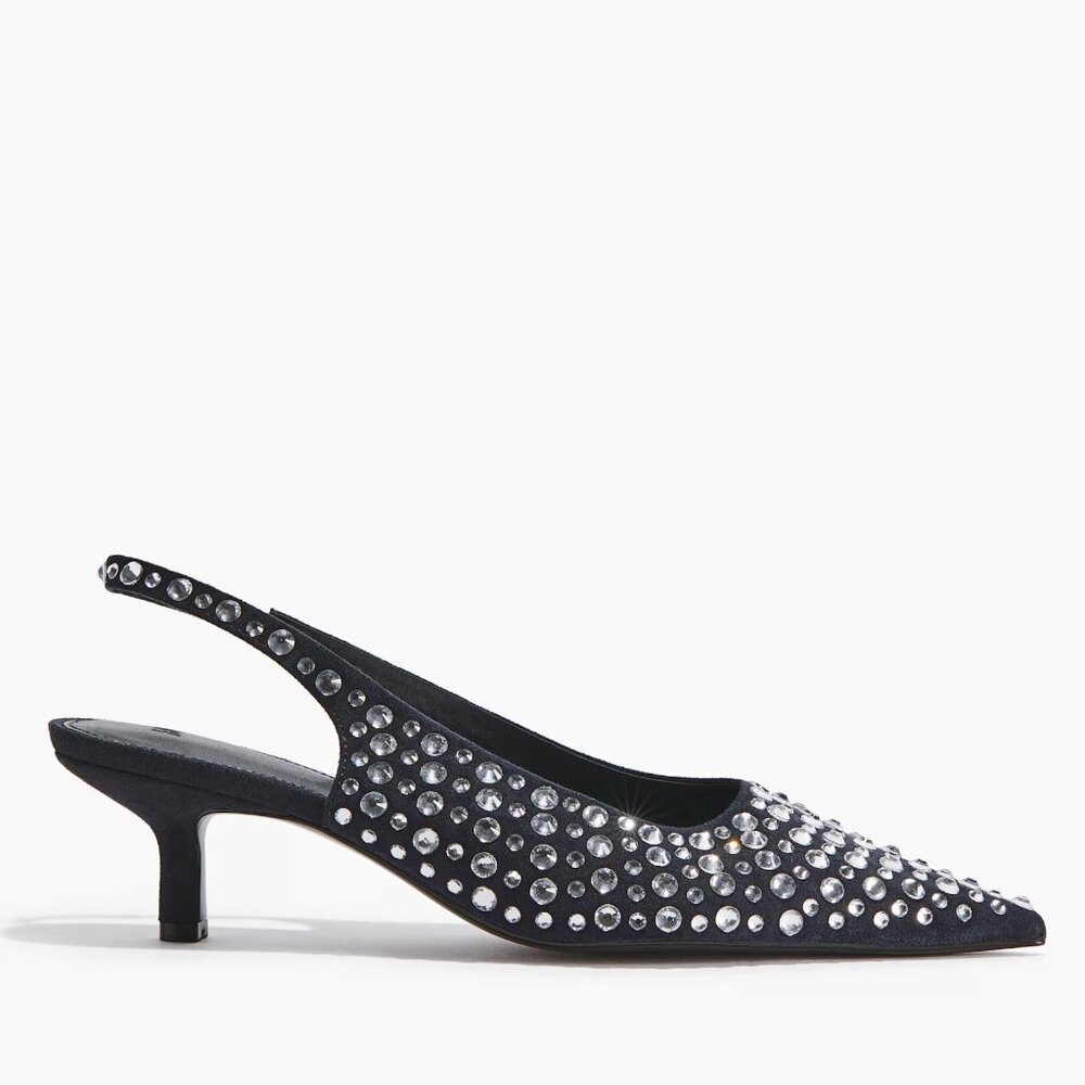 H&M Navy Blue Rhinestone-Embellished Slingback Pumps/NWT/10